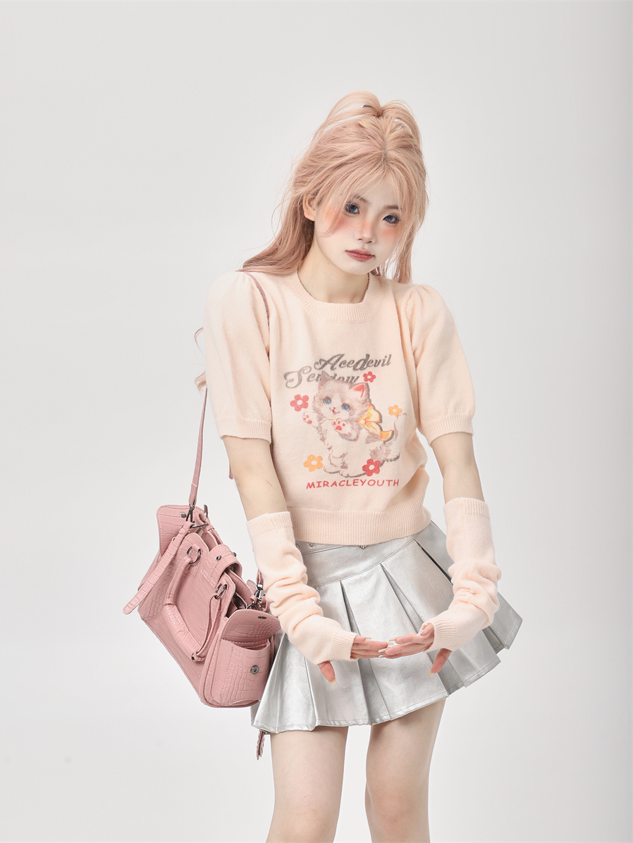 Korean-Style Two-Piece Knitted High-Waisted T-Shirt for Women - Short Sleeves, Unique Sweet and Spicy Ethereal Design Korean-Style Two-Piece Knitted High-Waisted T-Shirt for Women - Short Sleeves, Unique Sweet and Spicy Ethereal Design