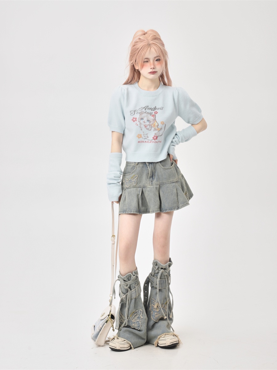 Korean-Style Two-Piece Knitted High-Waisted T-Shirt for Women - Short Sleeves, Unique Sweet and Spicy Ethereal Design Korean-Style Two-Piece Knitted High-Waisted T-Shirt for Women - Short Sleeves, Unique Sweet and Spicy Ethereal Design