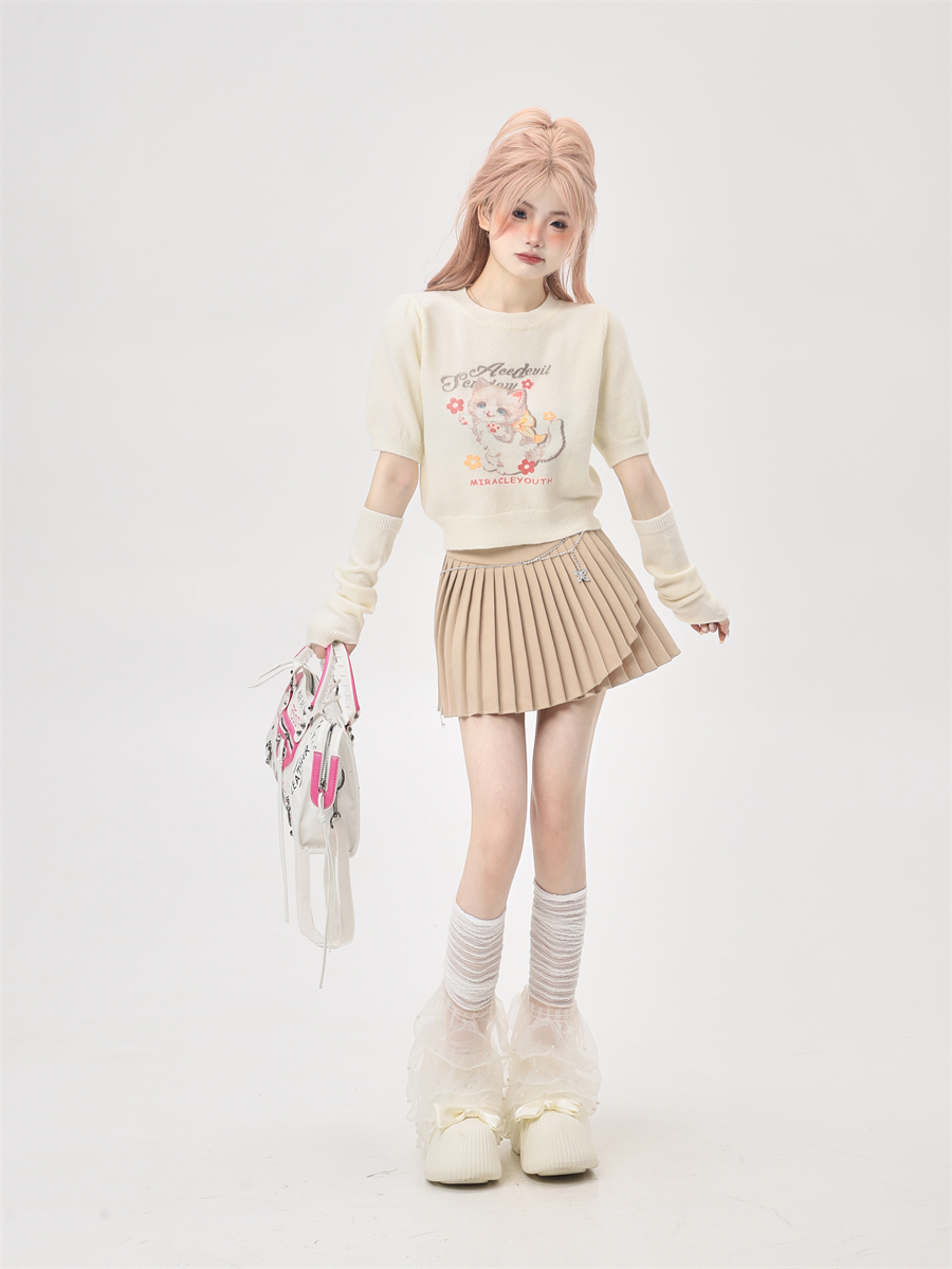 Korean-Style Two-Piece Knitted High-Waisted T-Shirt for Women - Short Sleeves, Unique Sweet and Spicy Ethereal Design