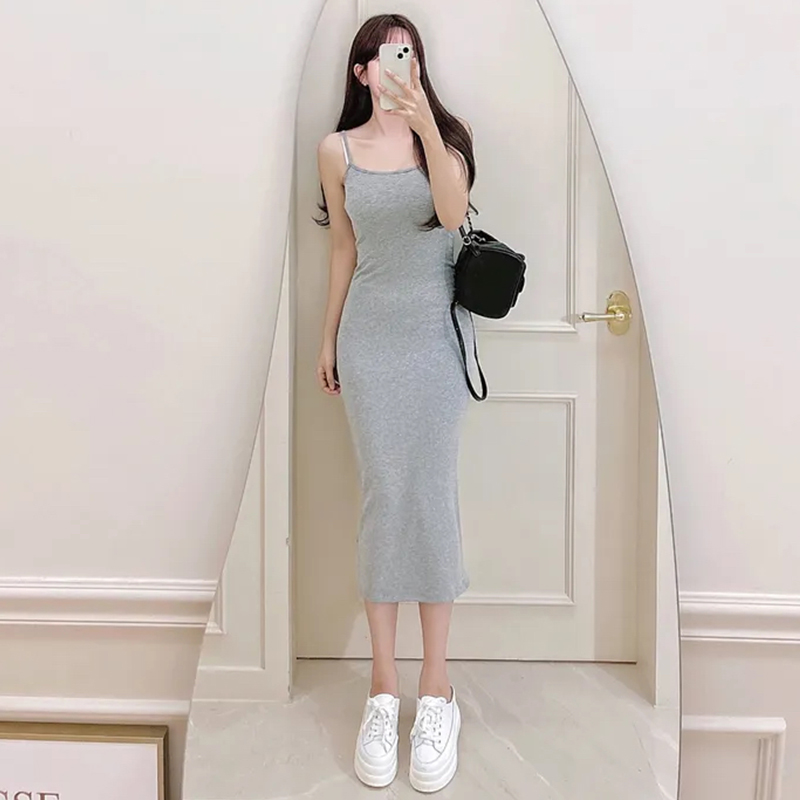 Korean Style U-Neck Bodycon Dress for Women - Sexy White Split Strap Summer Long Dress, Slim Fit Gray Design