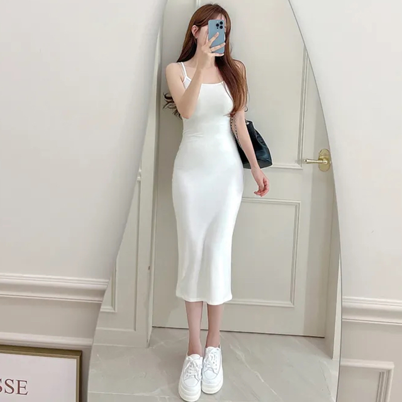 Korean Style U-Neck Bodycon Dress for Women - Sexy White Split Strap Summer Long Dress, Slim Fit Gray Design Korean Style U-Neck Bodycon Dress for Women - Sexy White Split Strap Summer Long Dress, Slim Fit Gray Design