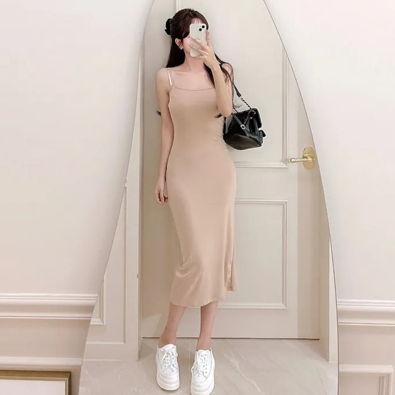 Korean Style U-Neck Bodycon Dress for Women - Sexy White Split Strap Summer Long Dress, Slim Fit Gray Design Korean Style U-Neck Bodycon Dress for Women - Sexy White Split Strap Summer Long Dress, Slim Fit Gray Design