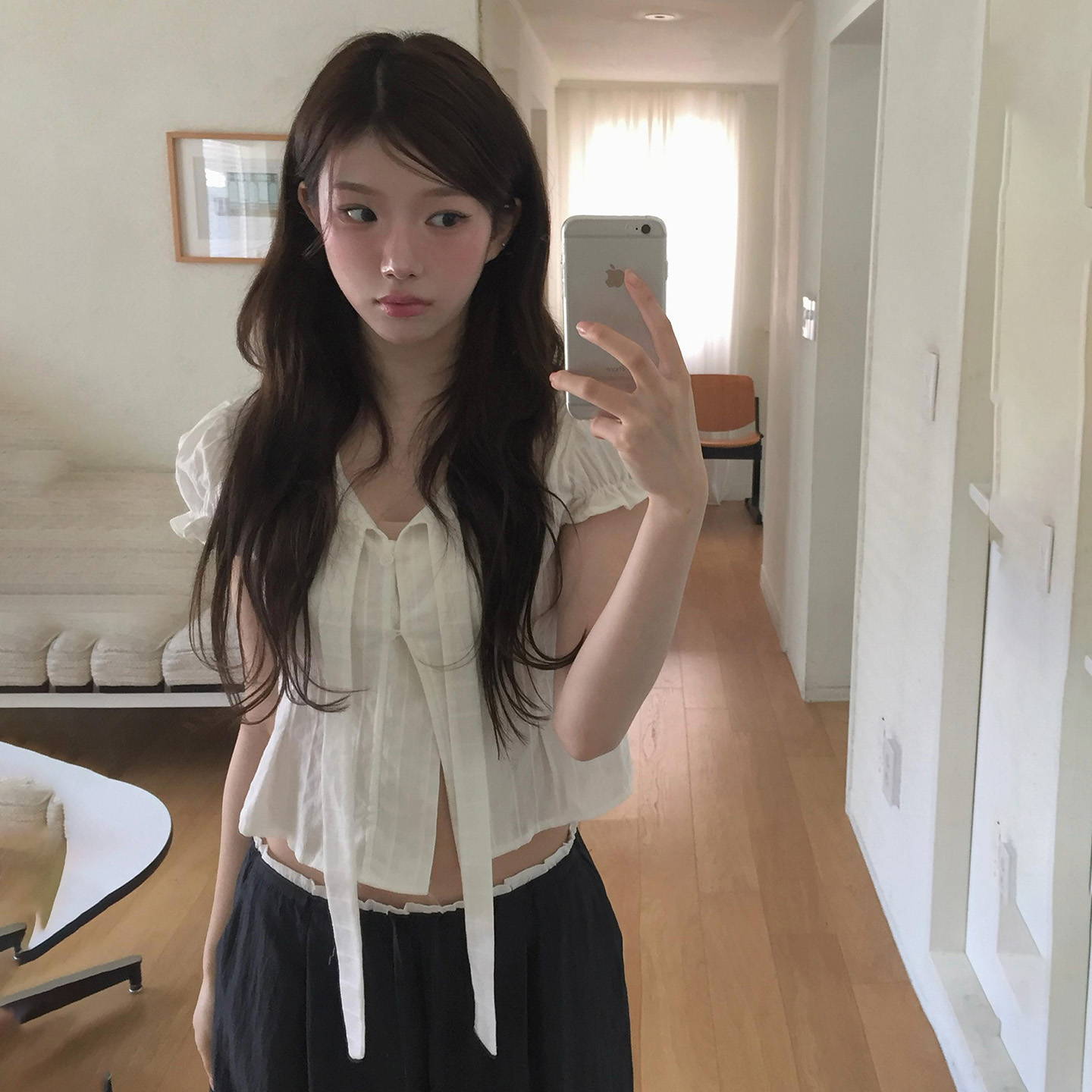 Korean Style V-Neck Tie T-Shirt - Lightweight, Sheer Short Top with Artistic Design for a Chic, Versatile Look Korean Style V-Neck Tie T-Shirt - Lightweight, Sheer Short Top with Artistic Design for a Chic, Versatile Look