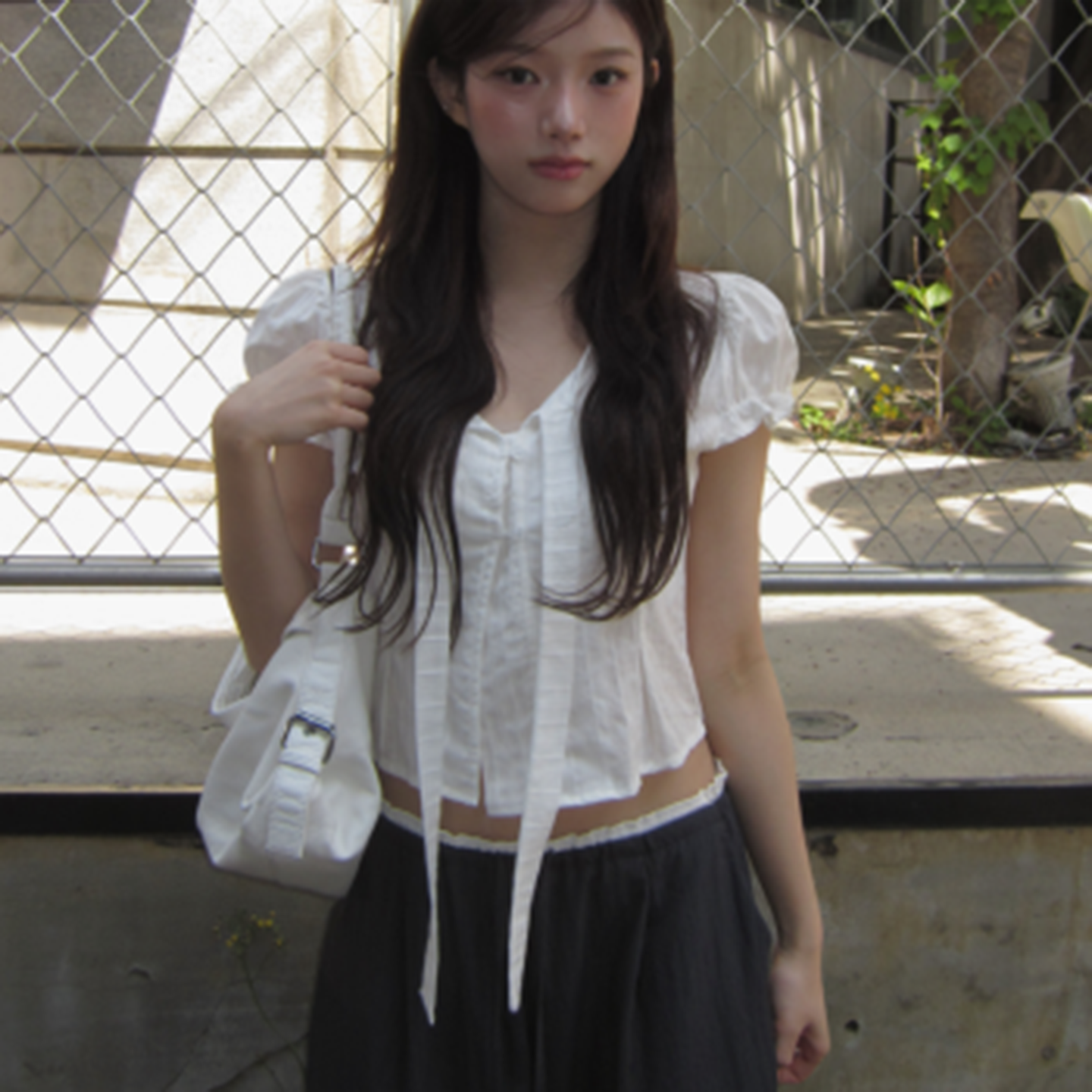 Korean Style V-Neck Tie T-Shirt - Lightweight, Sheer Short Top with Artistic Design for a Chic, Versatile Look Korean Style V-Neck Tie T-Shirt - Lightweight, Sheer Short Top with Artistic Design for a Chic, Versatile Look