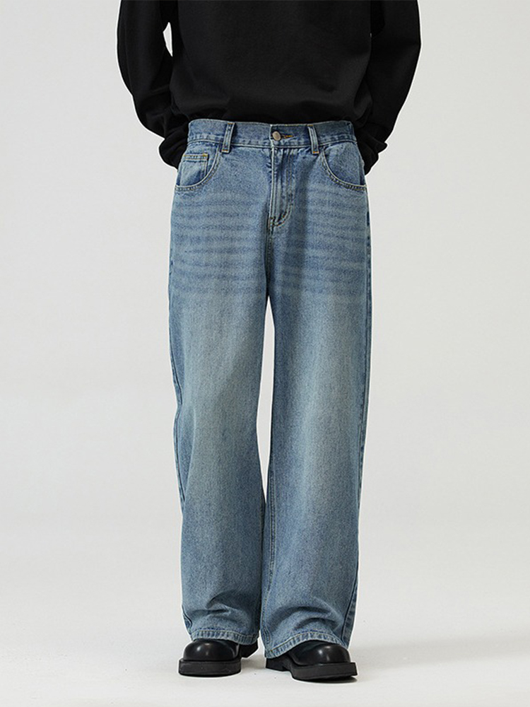 Korean Style Vintage Wash Wide-Leg Denim Pants for Men and Women, Casual Loose Straight Trousers, Trendy 90s Fashion