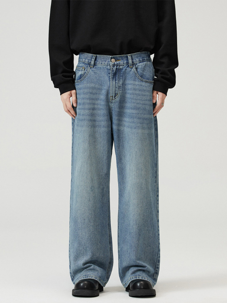 Korean Style Vintage Wash Wide-Leg Denim Pants for Men and Women, Casual Loose Straight Trousers, Trendy 90s Fashion Korean Style Vintage Wash Wide-Leg Denim Pants for Men and Women, Casual Loose Straight Trousers, Trendy 90s Fashion