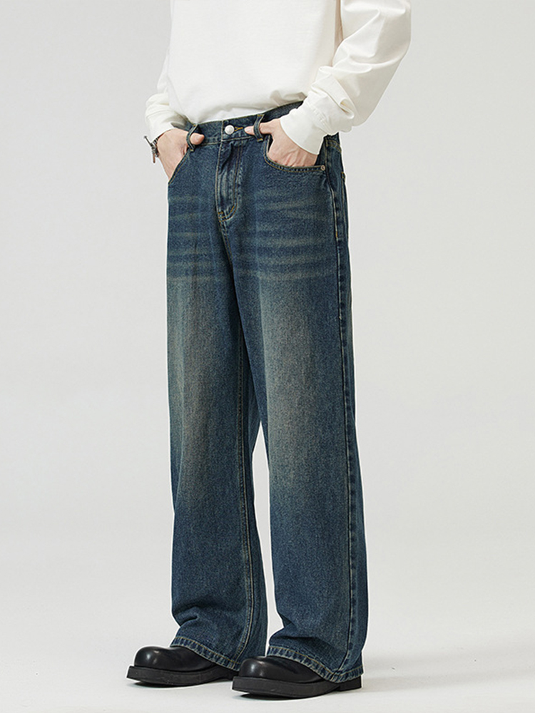 Korean Style Vintage Wash Wide-Leg Denim Pants for Men and Women, Casual Loose Straight Trousers, Trendy 90s Fashion Korean Style Vintage Wash Wide-Leg Denim Pants for Men and Women, Casual Loose Straight Trousers, Trendy 90s Fashion