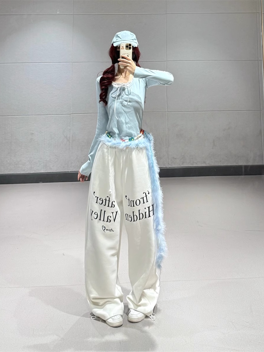 Korean Style White Letter Sports Pants for Women - Loose Fit Jazz Dance Straight Leg Sweatpants for Spring Summer Fashion
