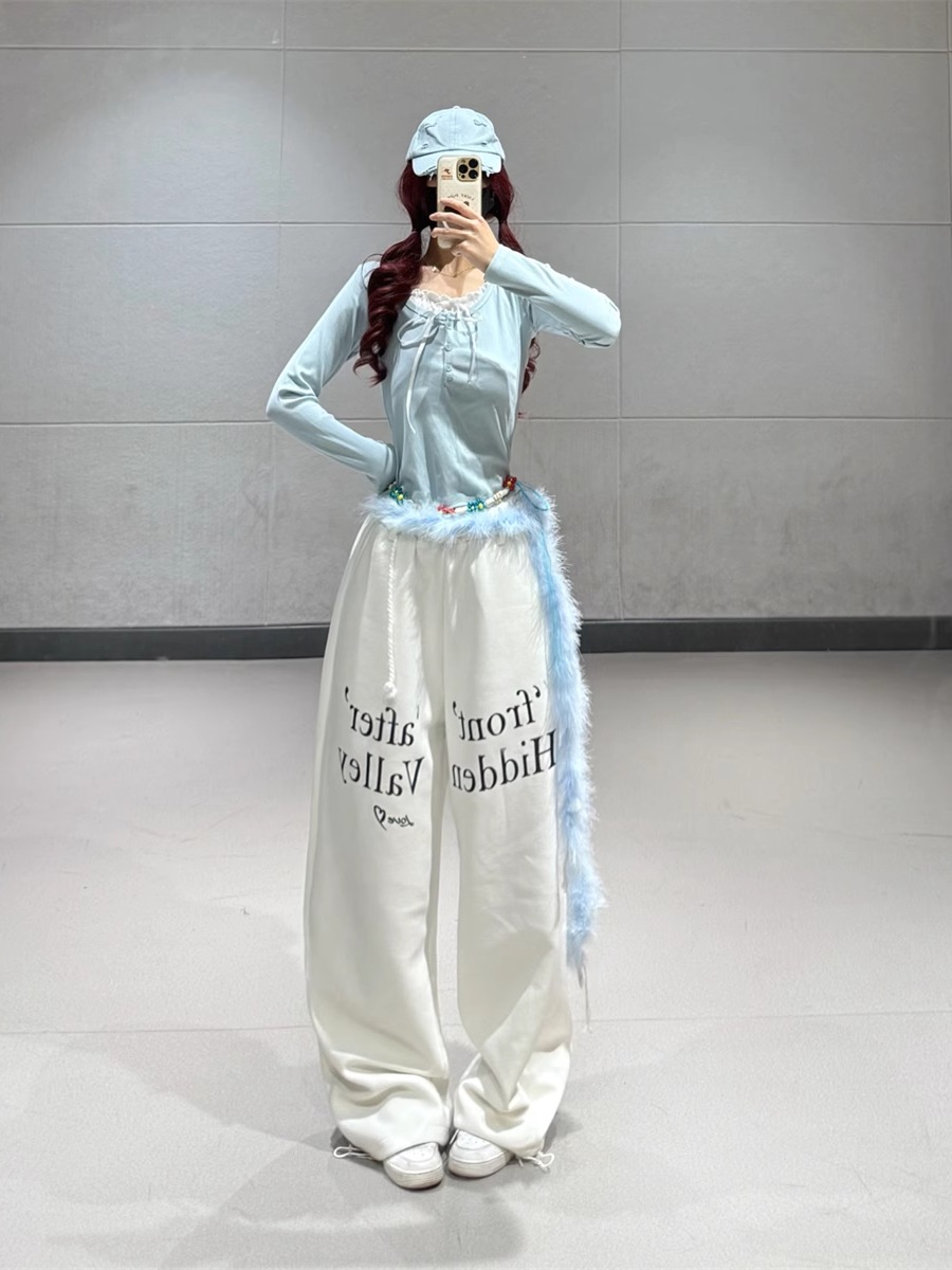 Korean Style White Letter Sports Pants for Women - Loose Fit Jazz Dance Straight Leg Sweatpants for Spring Summer Fashion Korean Style White Letter Sports Pants for Women - Loose Fit Jazz Dance Straight Leg Sweatpants for Spring Summer Fashion