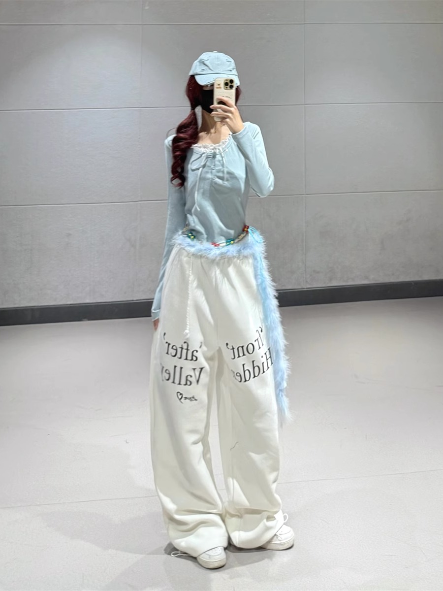 Korean Style White Letter Sports Pants for Women - Loose Fit Jazz Dance Straight Leg Sweatpants for Spring Summer Fashion Korean Style White Letter Sports Pants for Women - Loose Fit Jazz Dance Straight Leg Sweatpants for Spring Summer Fashion