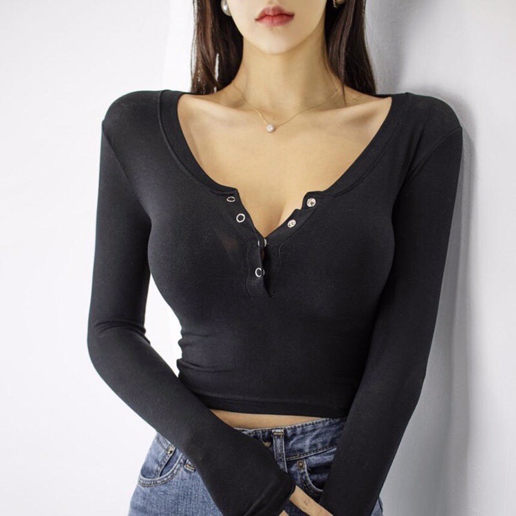 Korean Style Women's Spring Deep V Neck Long Sleeve Slim-Fit T-Shirt - Flattering and Versatile Base Layer Top Korean Style Women's Spring Deep V Neck Long Sleeve Slim-Fit T-Shirt - Flattering and Versatile Base Layer Top