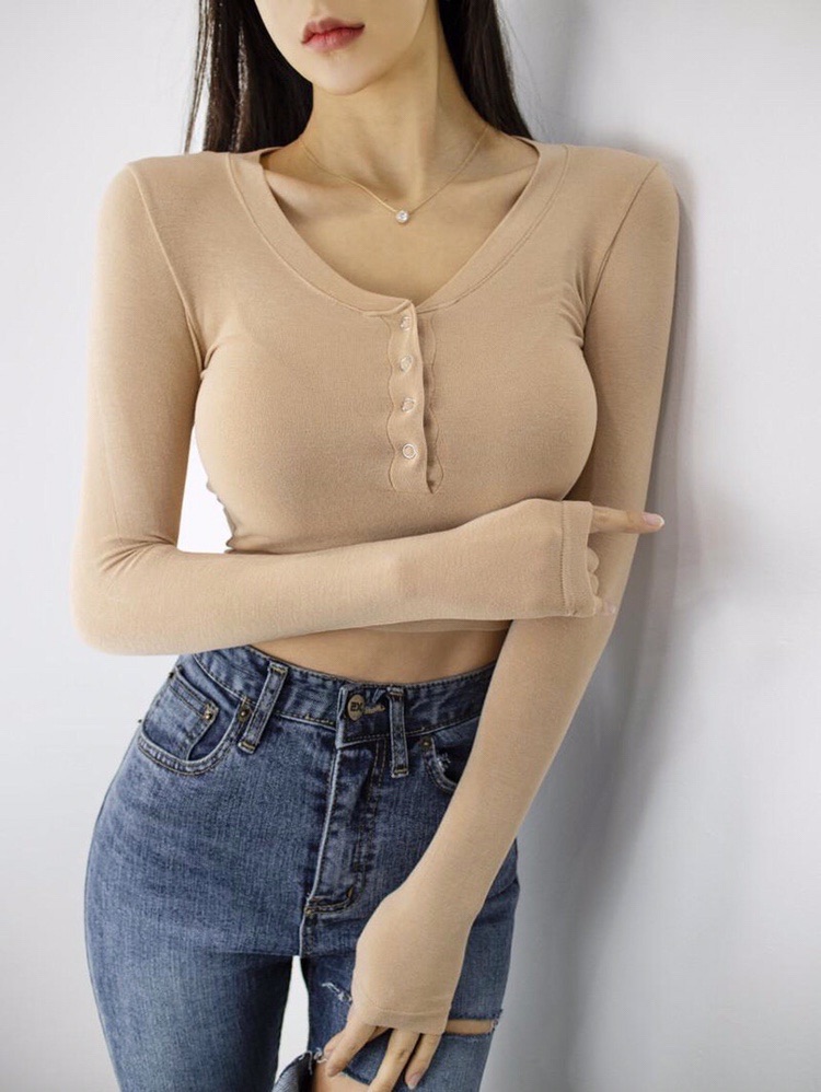 Korean Style Women's Spring Deep V Neck Long Sleeve Slim-Fit T-Shirt - Flattering and Versatile Base Layer Top Korean Style Women's Spring Deep V Neck Long Sleeve Slim-Fit T-Shirt - Flattering and Versatile Base Layer Top