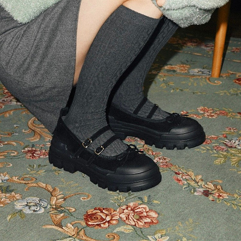 Korean Women's Mary Jane Shoes with Bow Buckle Strap - Height-Increasing Thick-Soled Versatile Casual Workwear Flats