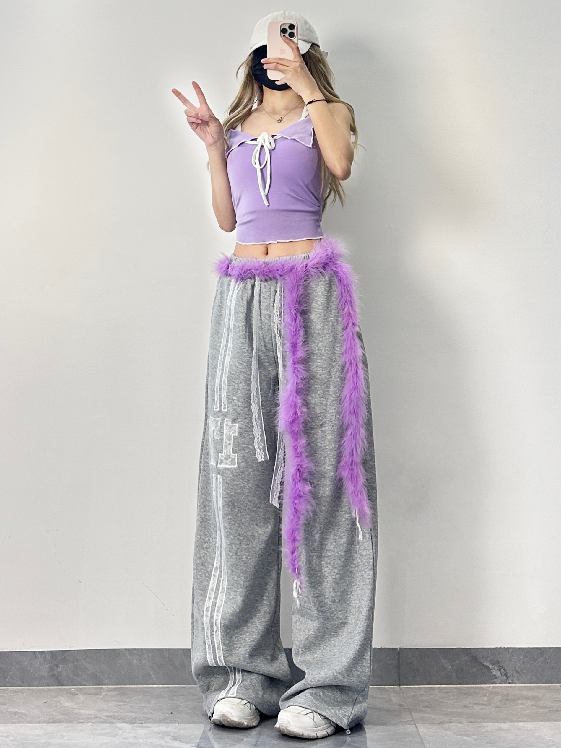 Kpop Gray-Purple Dance Outfit with Lace Splicing Sports Pants and Purple Lace Camisole - Stylish Y2K Inspired Look
