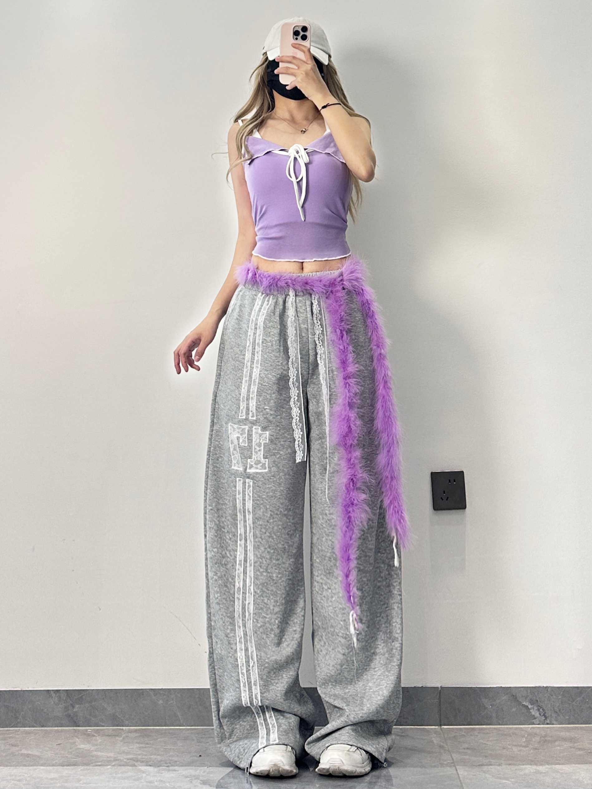 Kpop Gray-Purple Dance Outfit with Lace Splicing Sports Pants and Purple Lace Camisole - Stylish Y2K Inspired Look Kpop Gray-Purple Dance Outfit with Lace Splicing Sports Pants and Purple Lace Camisole - Stylish Y2K Inspired Look