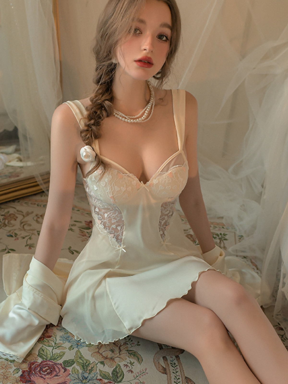 Lace Camisole Nightgown Set for Women - French-Style Sexy Sleepwear with Chest Pads, Ice Silk for Spring & Autumn Homewear Lace Camisole Nightgown Set for Women - French-Style Sexy Sleepwear with Chest Pads, Ice Silk for Spring & Autumn Homewear