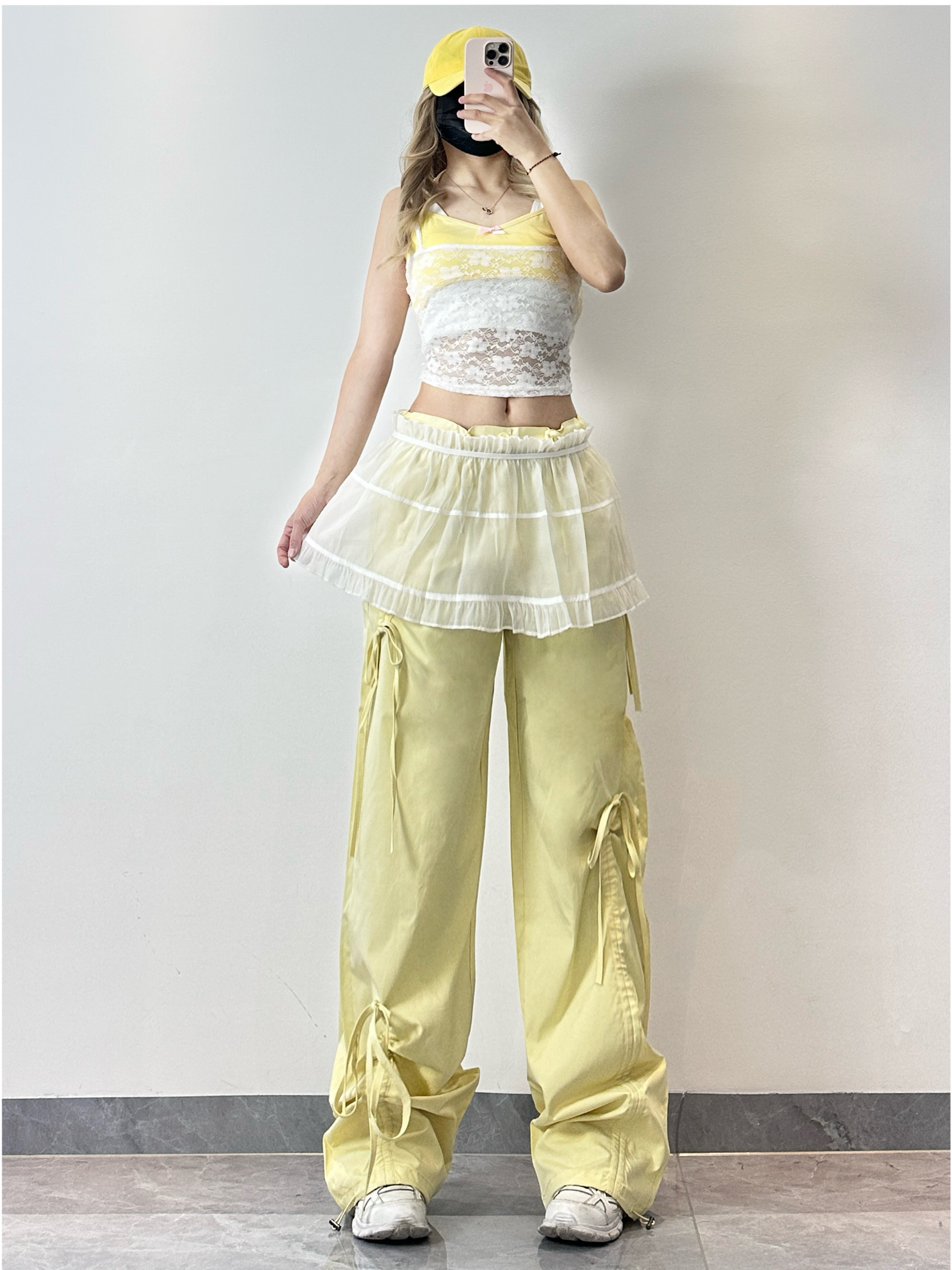 Lace Camisole & Yellow Bow Sports Pants Set - Kpop Jazz Dance Outfit, Fake Two-Piece Style, Long Trousers for Performance and Practice