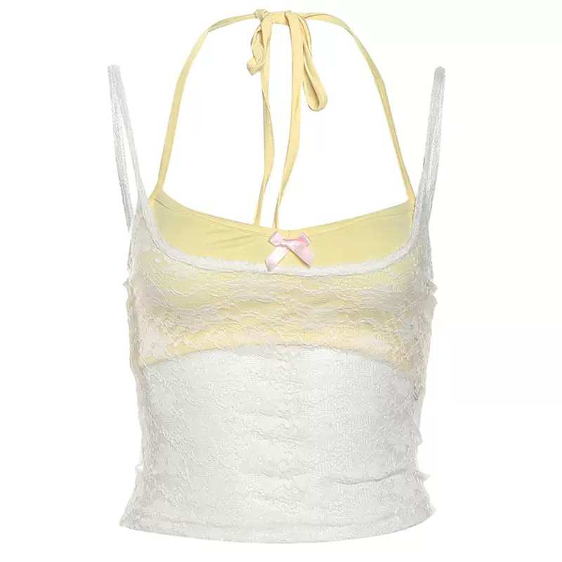 Lace Camisole & Yellow Bow Sports Pants Set - Kpop Jazz Dance Outfit, Fake Two-Piece Style, Long Trousers for Performance and Practice