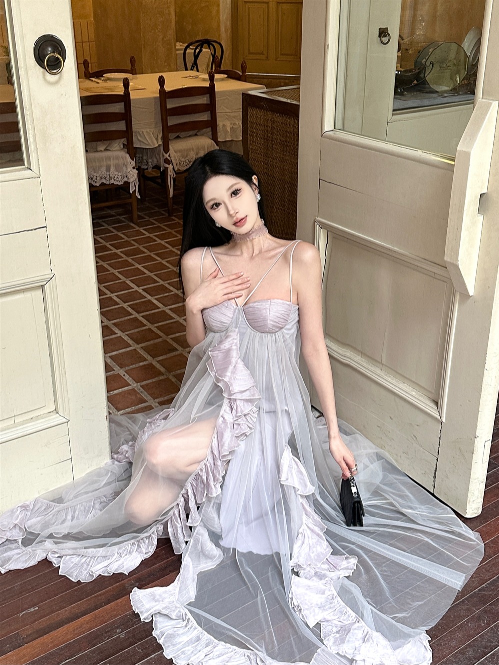 Lace Chiffon Spaghetti Strap Dress for Women, Tulle Long Skirt, Fairy Style for Summer Vacation, Spring Fashion, Bohemian Look Lace Chiffon Spaghetti Strap Dress for Women, Tulle Long Skirt, Fairy Style for Summer Vacation, Spring Fashion, Bohemian Look