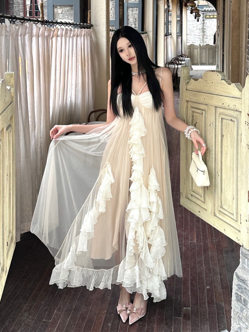 Lace Chiffon Spaghetti Strap Dress for Women, Tulle Long Skirt, Fairy Style for Summer Vacation, Spring Fashion, Bohemian Look Lace Chiffon Spaghetti Strap Dress for Women, Tulle Long Skirt, Fairy Style for Summer Vacation, Spring Fashion, Bohemian Look