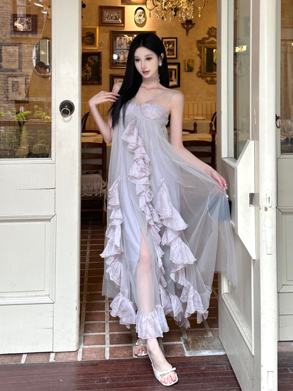 Lace Chiffon Spaghetti Strap Dress for Women, Tulle Long Skirt, Fairy Style for Summer Vacation, Spring Fashion, Bohemian Look