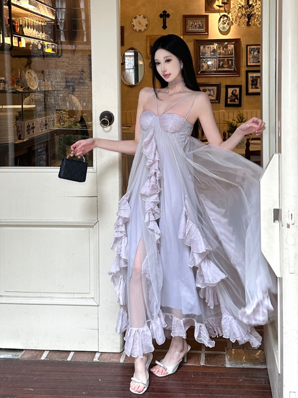 Lace Chiffon Spaghetti Strap Dress for Women, Tulle Long Skirt, Fairy Style for Summer Vacation, Spring Fashion, Bohemian Look Lace Chiffon Spaghetti Strap Dress for Women, Tulle Long Skirt, Fairy Style for Summer Vacation, Spring Fashion, Bohemian Look