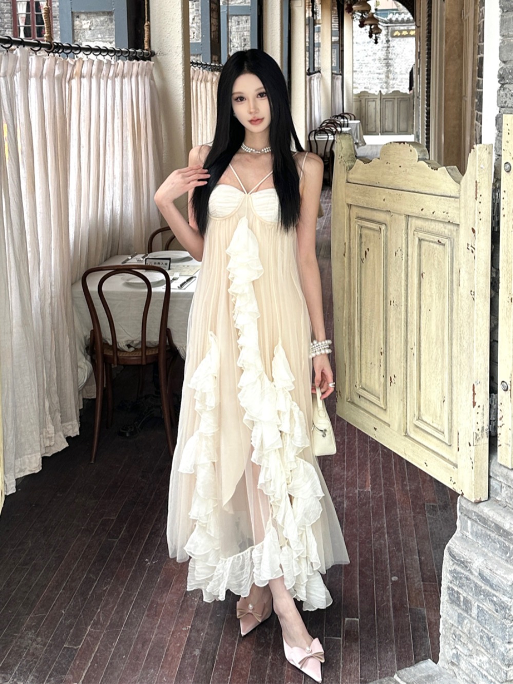 Lace Chiffon Spaghetti Strap Dress for Women, Tulle Long Skirt, Fairy Style for Summer Vacation, Spring Fashion, Bohemian Look