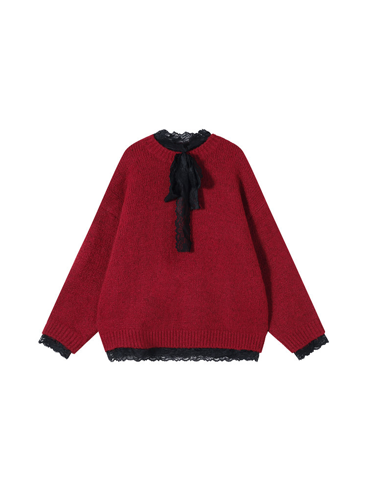 Lace Edge Spliced Thick Knitted Sweater Set for Women - Autumn Winter Loose Long Sleeve Christmas Top in Korean Style Lace Edge Spliced Thick Knitted Sweater Set for Women - Autumn Winter Loose Long Sleeve Christmas Top in Korean Style