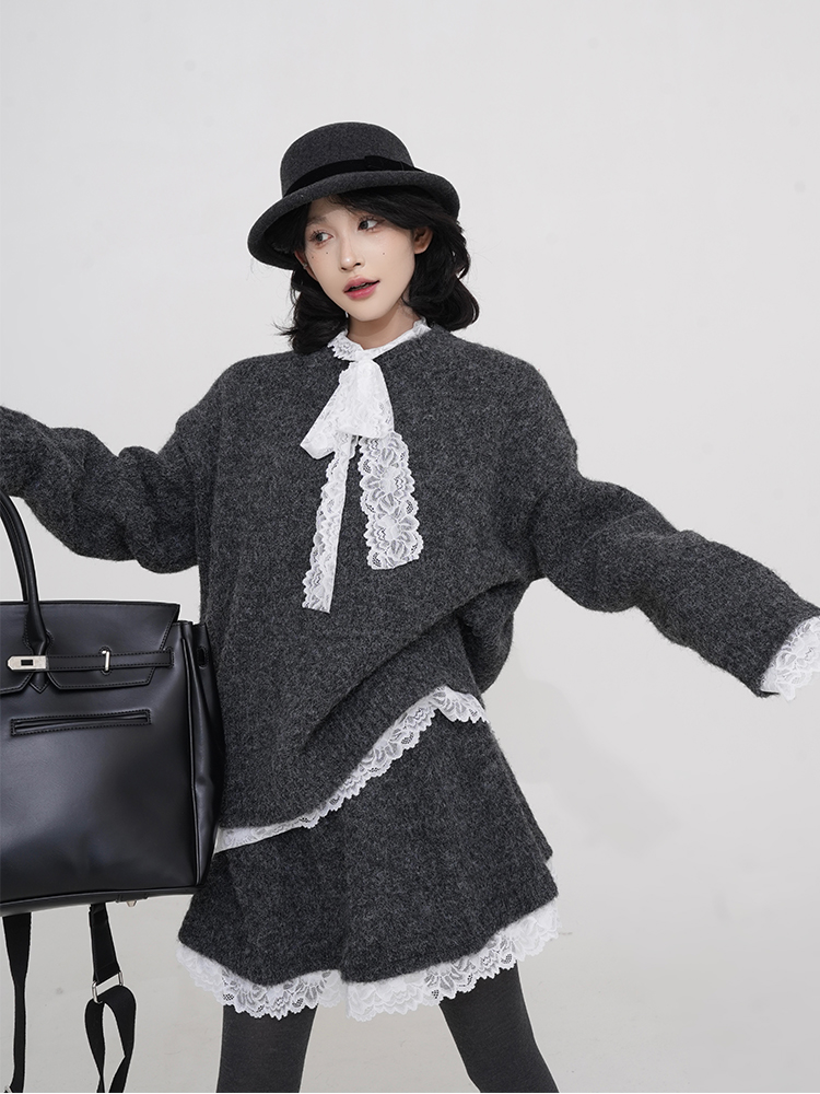 Lace Edge Spliced Thick Knitted Sweater Set for Women - Autumn Winter Loose Long Sleeve Christmas Top in Korean Style Lace Edge Spliced Thick Knitted Sweater Set for Women - Autumn Winter Loose Long Sleeve Christmas Top in Korean Style
