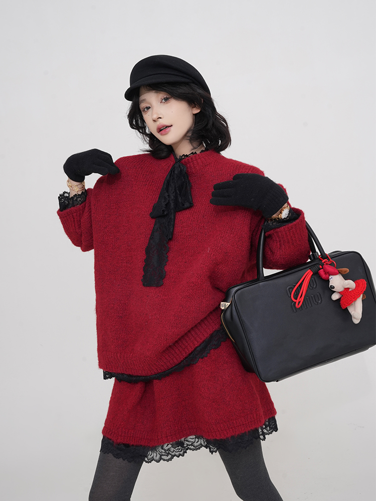 Lace Edge Spliced Thick Knitted Sweater Set for Women - Autumn Winter Loose Long Sleeve Christmas Top in Korean Style Lace Edge Spliced Thick Knitted Sweater Set for Women - Autumn Winter Loose Long Sleeve Christmas Top in Korean Style