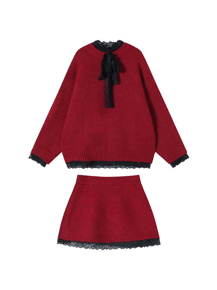 Lace Edge Spliced Thick Knitted Sweater Set for Women - Autumn Winter Loose Long Sleeve Christmas Top in Korean Style Lace Edge Spliced Thick Knitted Sweater Set for Women - Autumn Winter Loose Long Sleeve Christmas Top in Korean Style