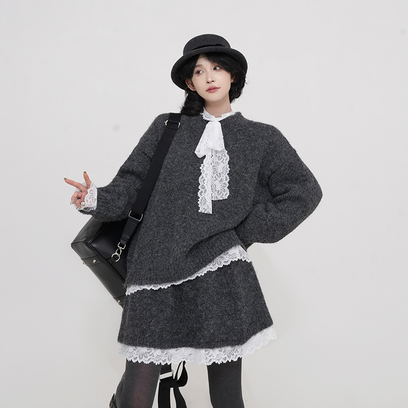 Lace Edge Spliced Thick Knitted Sweater Set for Women - Autumn Winter Loose Long Sleeve Christmas Top in Korean Style