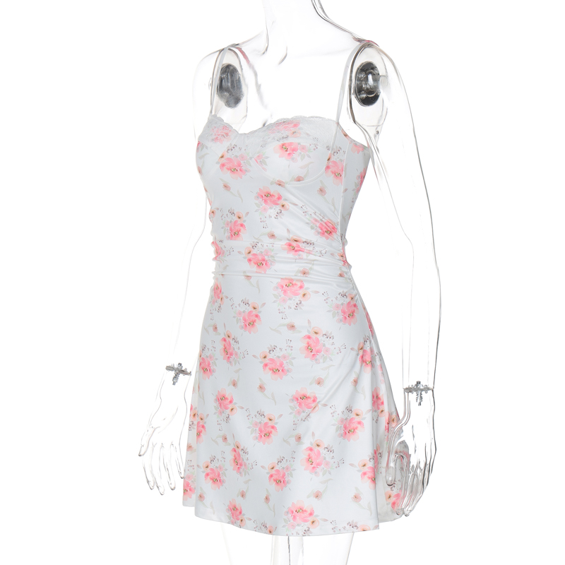 Lace Patchwork Floral Camisole Dress for Women - Summer High-Waisted Slim A-Line Mini Skirt, Y2K Style