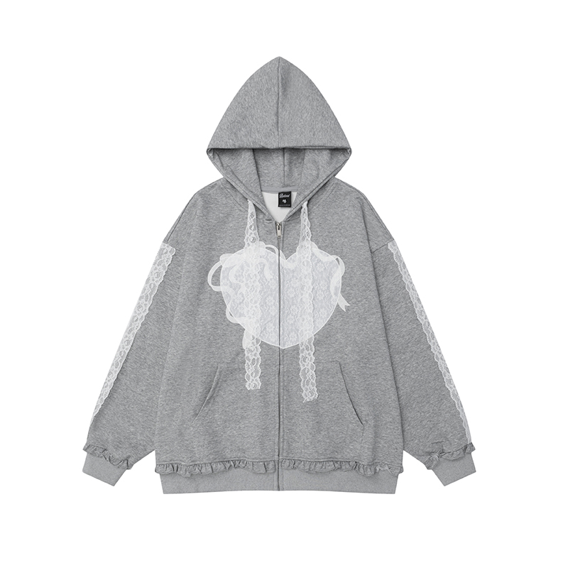 Lace Spliced Hooded Cardigan Sweatshirt for Women - Loose Versatile Gray Jacket for Spring and Autumn, Y2K Casual Style