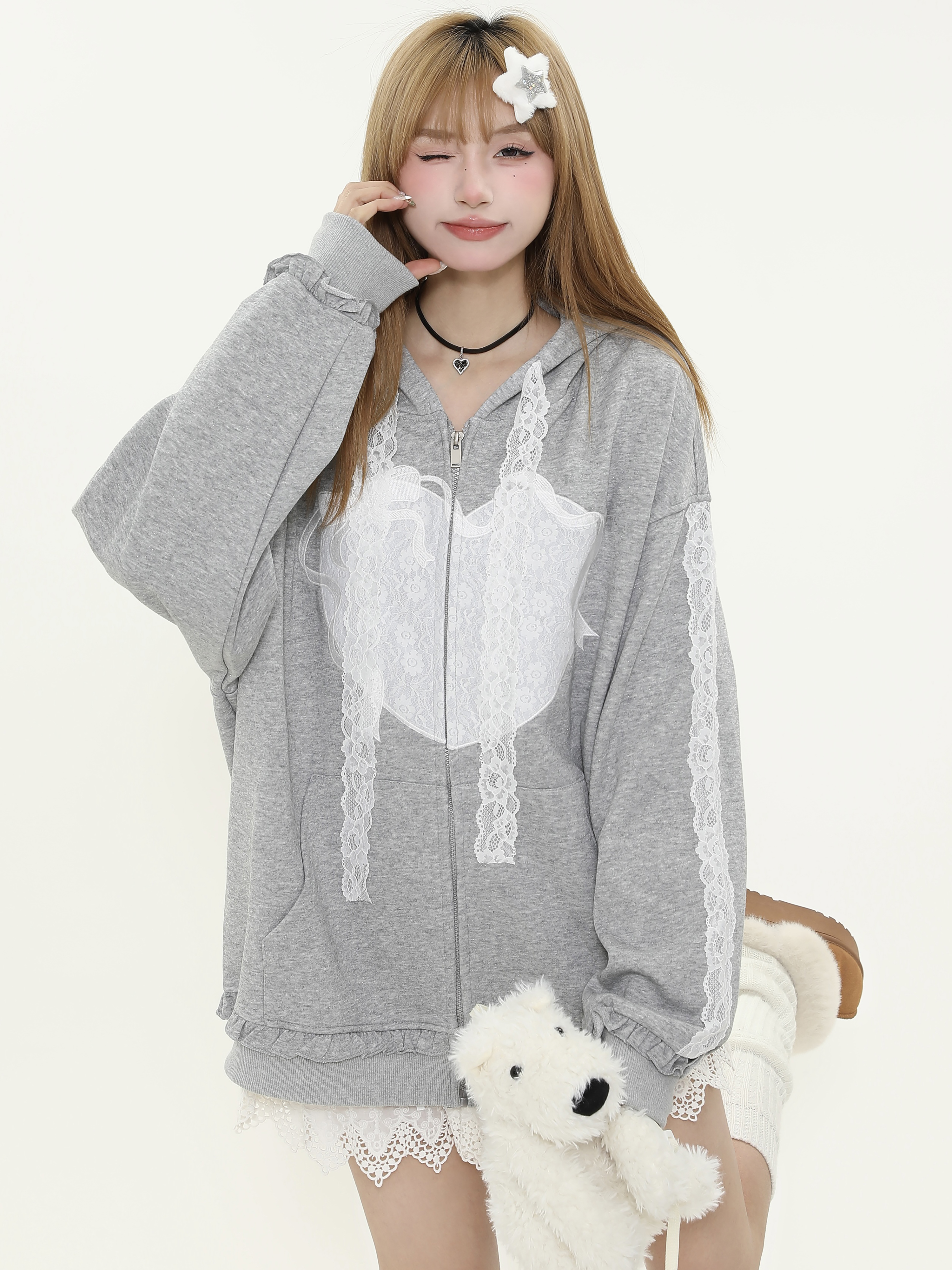 Lace Spliced Hooded Cardigan Sweatshirt for Women - Loose Versatile Gray Jacket for Spring and Autumn, Y2K Casual Style