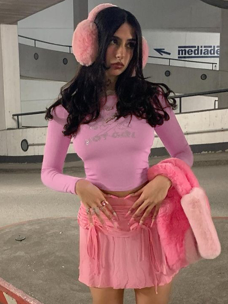 Lace Spliced Off-the-Shoulder Long Sleeve T-Shirt for Women with Diamond Print - Trendy Fitted Top for Early Autumn Style