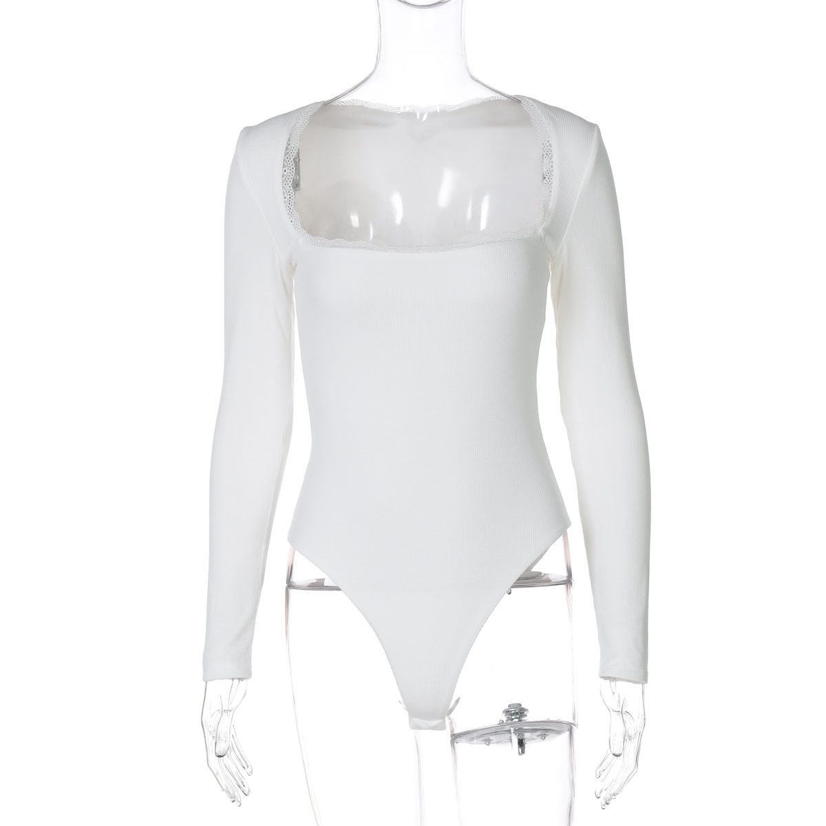 Lace Spliced Square Neck Long Sleeve Jumpsuit for Women - Elastic Slim Fit, Stylish European American Fashion, Perfect for 90s Y2K Looks