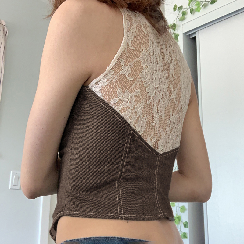 Lace Spliced U-Neck Vest - Slim-Fit Suede Sleeveless Top for Versatile Retro Style - European & American Fashion Lace Spliced U-Neck Vest - Slim-Fit Suede Sleeveless Top for Versatile Retro Style - European & American Fashion