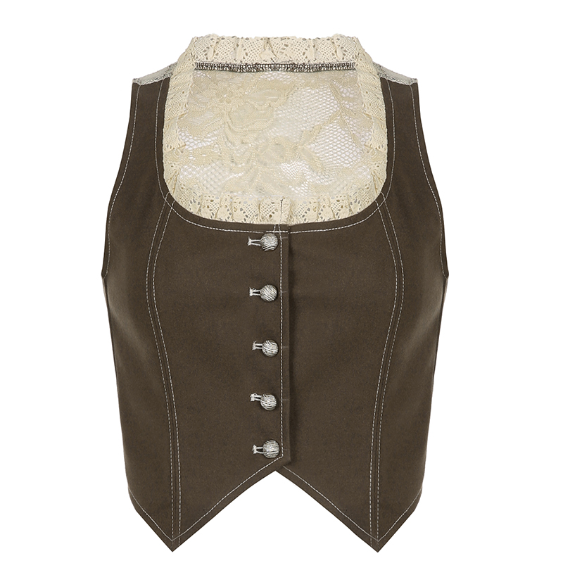 Lace Spliced U-Neck Vest - Slim-Fit Suede Sleeveless Top for Versatile Retro Style - European & American Fashion