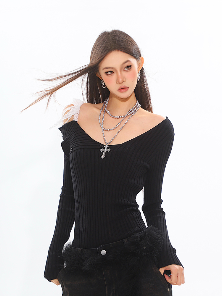 Lace Splicing Knitted Sweater for Women - Hot Girl Style Autumn Winter Base Layer Top, Trendy 90s-Inspired Fashion Lace Splicing Knitted Sweater for Women - Hot Girl Style Autumn Winter Base Layer Top, Trendy 90s-Inspired Fashion