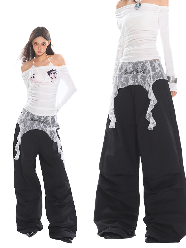 Lace Splicing Pleated Wide-Leg Trousers for Women - Unique Autumn/Winter Style, Trendy Niche Design, Fashionable Long Pants