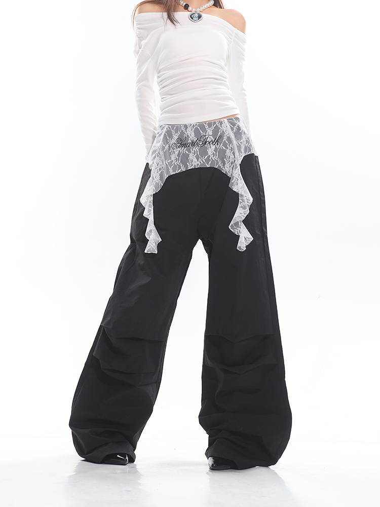 Lace Splicing Pleated Wide-Leg Trousers for Women - Unique Autumn/Winter Style, Trendy Niche Design, Fashionable Long Pants Lace Splicing Pleated Wide-Leg Trousers for Women - Unique Autumn/Winter Style, Trendy Niche Design, Fashionable Long Pants