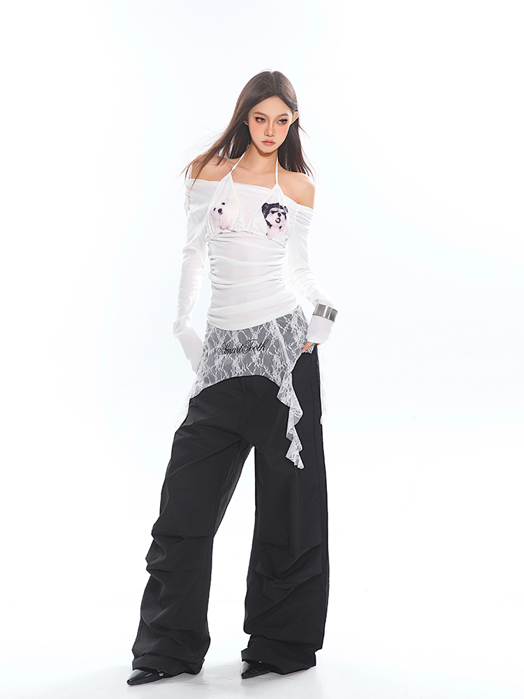 Lace Splicing Pleated Wide-Leg Trousers for Women - Unique Autumn/Winter Style, Trendy Niche Design, Fashionable Long Pants Lace Splicing Pleated Wide-Leg Trousers for Women - Unique Autumn/Winter Style, Trendy Niche Design, Fashionable Long Pants