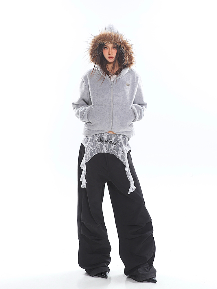 Lace Splicing Pleated Wide-Leg Trousers for Women - Unique Autumn/Winter Style, Trendy Niche Design, Fashionable Long Pants Lace Splicing Pleated Wide-Leg Trousers for Women - Unique Autumn/Winter Style, Trendy Niche Design, Fashionable Long Pants