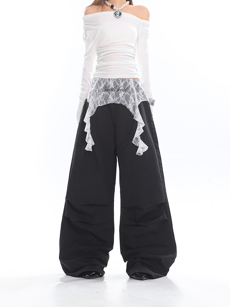 Lace Splicing Pleated Wide-Leg Trousers for Women - Unique Autumn/Winter Style, Trendy Niche Design, Fashionable Long Pants