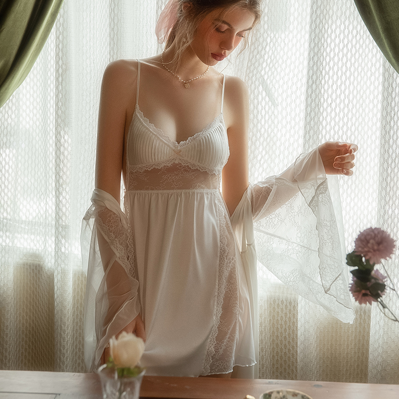 Lace-Trimmed Camisole Sleep Dress with Chest Pads - Sexy Sleepwear Set for Women, Autumn Winter 2025 Homewear Lace-Trimmed Camisole Sleep Dress with Chest Pads - Sexy Sleepwear Set for Women, Autumn Winter 2025 Homewear