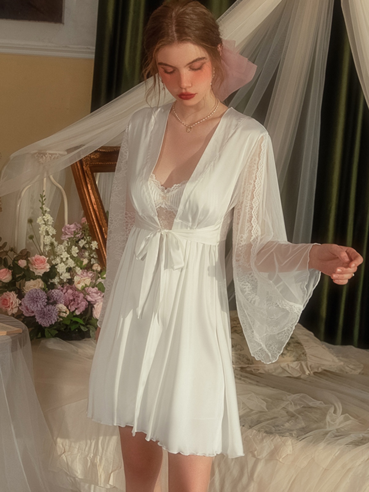 Lace-Trimmed Camisole Sleep Dress with Chest Pads - Sexy Sleepwear Set for Women, Autumn Winter 2025 Homewear Lace-Trimmed Camisole Sleep Dress with Chest Pads - Sexy Sleepwear Set for Women, Autumn Winter 2025 Homewear