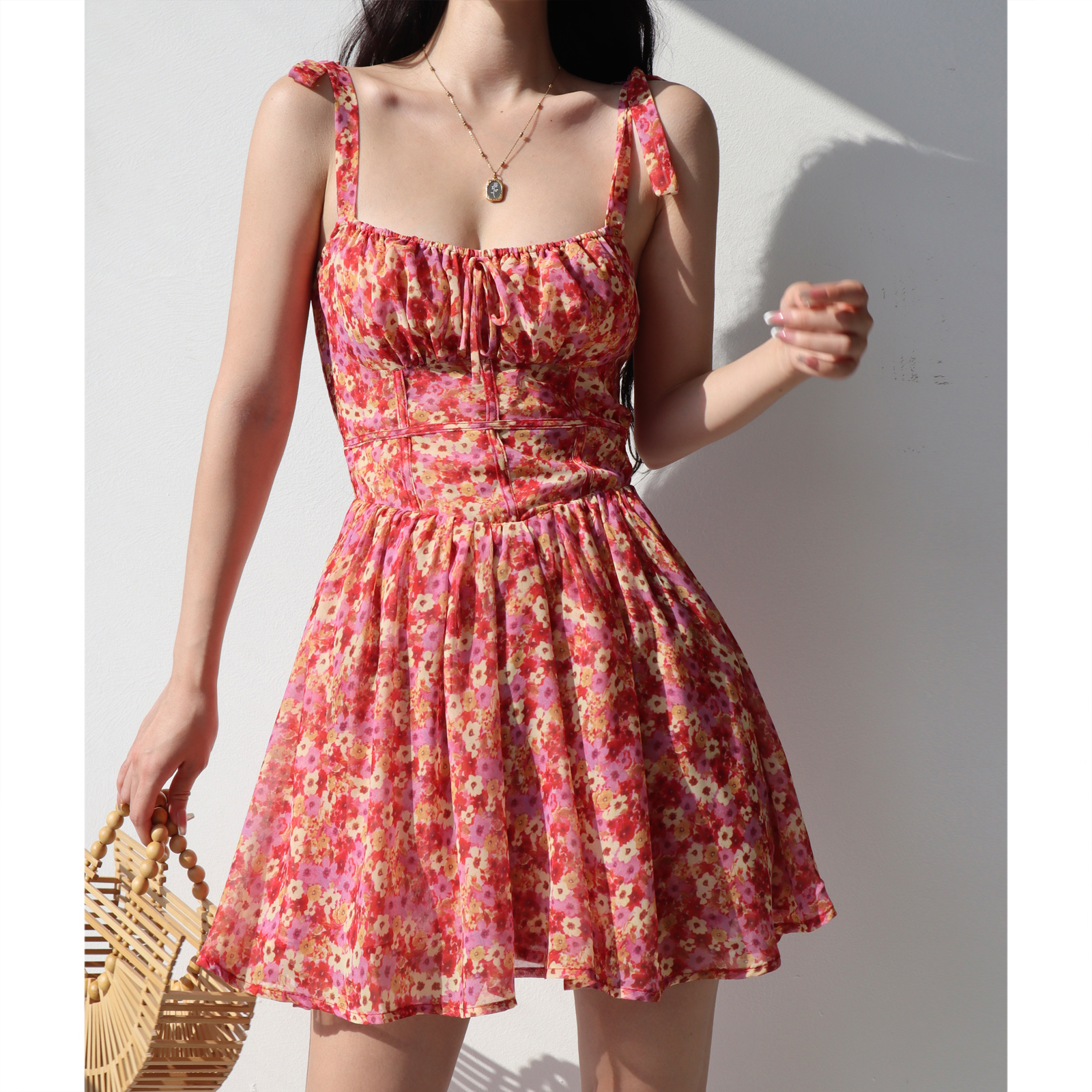 Lace-Up Floral Spaghetti Strap Dress for Women - Retro Pastoral A-Line, Waist-Cinching, Slimming, Flared Vacation Style Lace-Up Floral Spaghetti Strap Dress for Women - Retro Pastoral A-Line, Waist-Cinching, Slimming, Flared Vacation Style