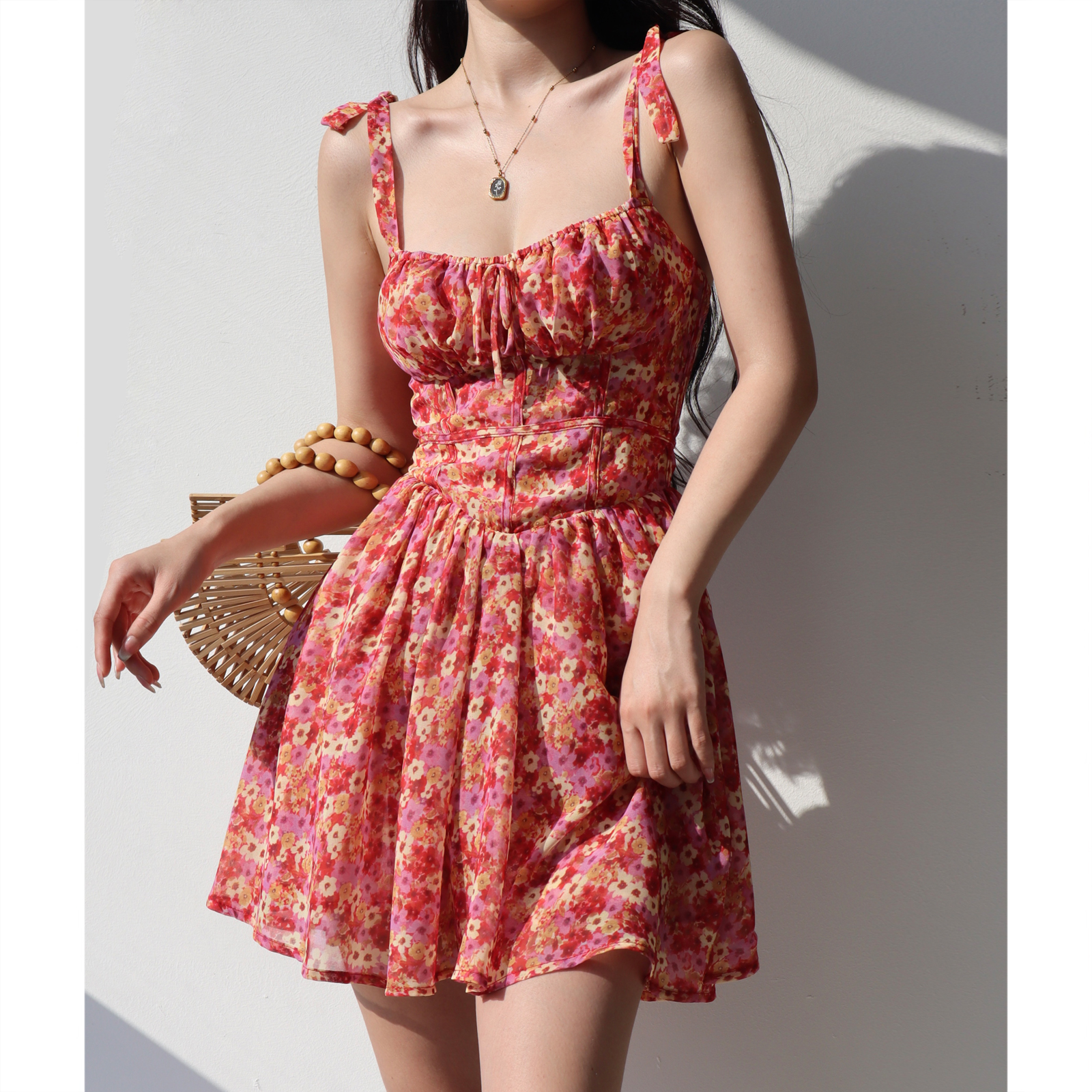 Lace-Up Floral Spaghetti Strap Dress for Women - Retro Pastoral A-Line, Waist-Cinching, Slimming, Flared Vacation Style Lace-Up Floral Spaghetti Strap Dress for Women - Retro Pastoral A-Line, Waist-Cinching, Slimming, Flared Vacation Style