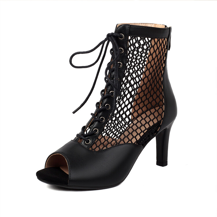 Lace-Up Hollow Mesh Boots for Women, Jazz Dance High Heels, Stiletto Peep-Toe Sandals, Large Size, Y2K Fashion Lace-Up Hollow Mesh Boots for Women, Jazz Dance High Heels, Stiletto Peep-Toe Sandals, Large Size, Y2K Fashion